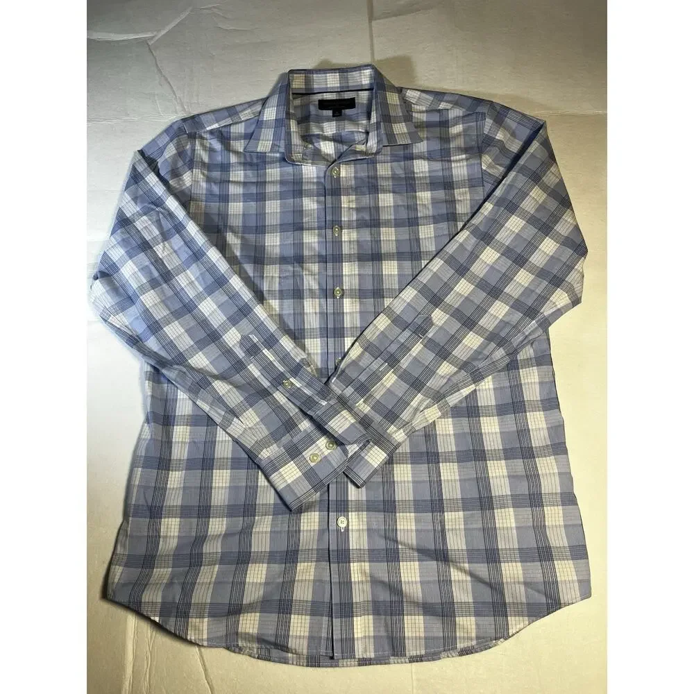 Banana Republic Mens L Non Iron Slim Fit Dress Shirt Blue White Plaid Long Sleev